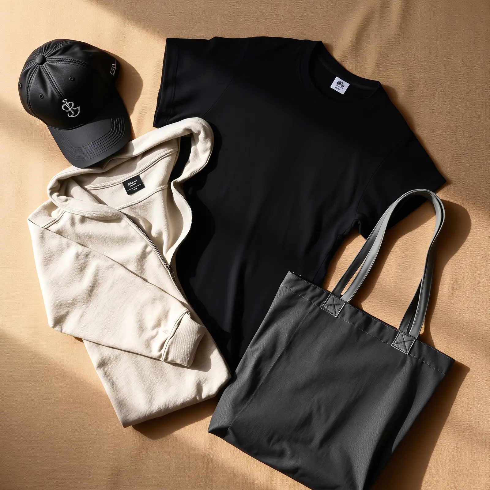 Folded custom apparel — cap, tee, hoodie and tote on warm linen